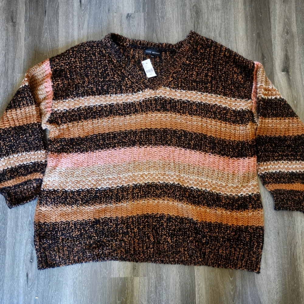 🌻NWT!! LANE BRYANT Brown Black V-Neck Knitted Striped Sweater 26/28
